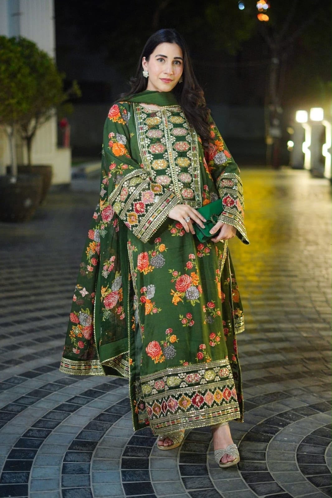 3-Pcs Aneela Unstitched Digital Print Silk Suit - Sequin Embroidered