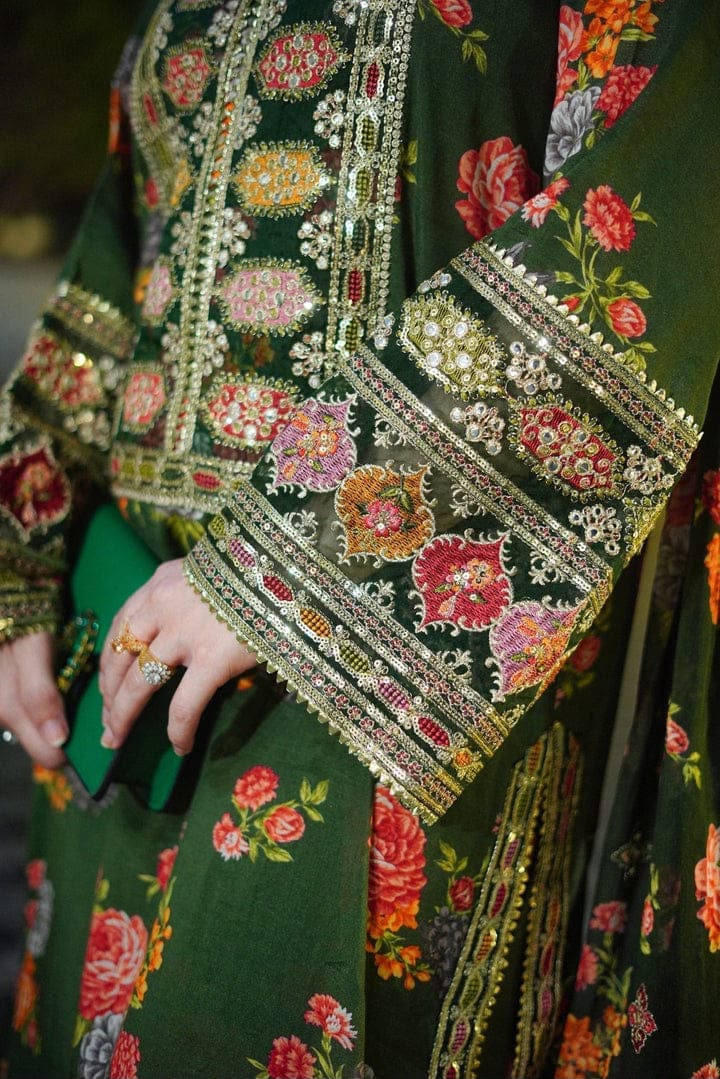 3-Pcs Aneela Unstitched Digital Print Silk Suit - Sequin Embroidered