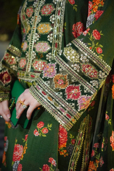 3-Pcs Aneela Unstitched Digital Print Silk Suit - Sequin Embroidered
