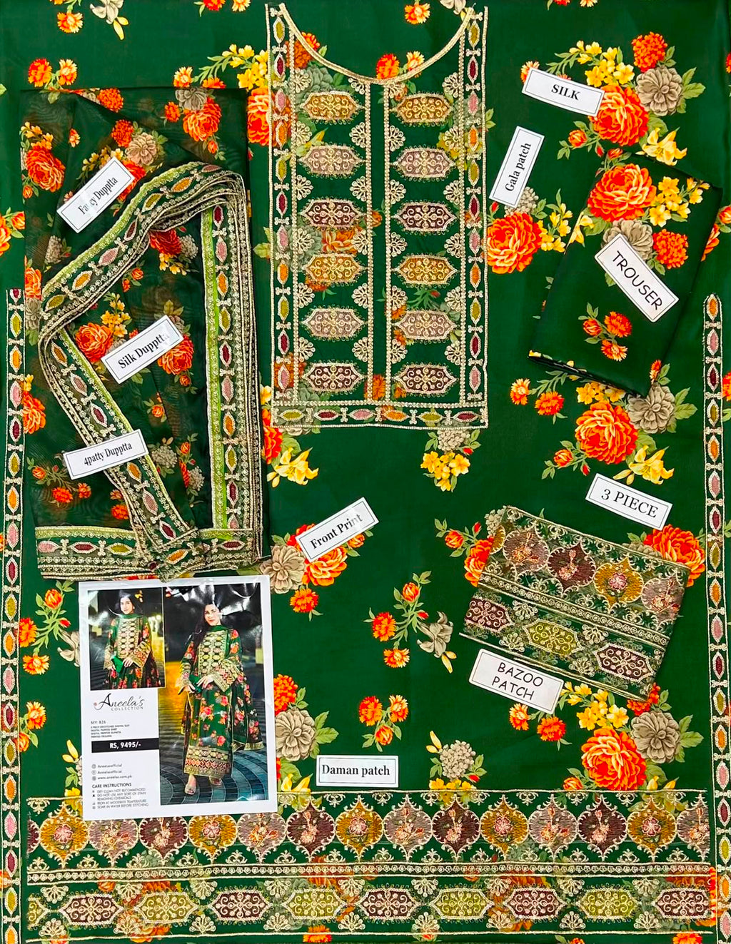 3-Pcs Aneela Unstitched Digital Print Silk Suit - Sequin Embroidered