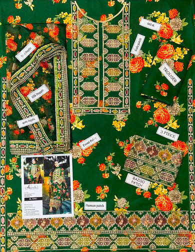 3-Pcs Aneela Unstitched Digital Print Silk Suit - Sequin Embroidered