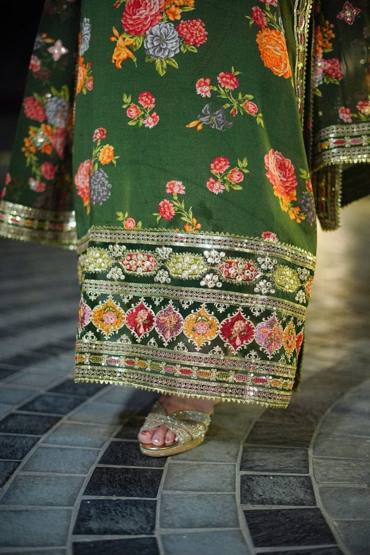 3-Pcs Aneela Unstitched Digital Print Silk Suit - Sequin Embroidered