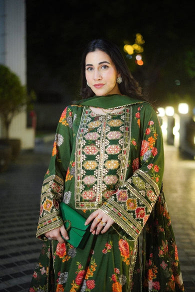 3-Pcs Aneela Unstitched Digital Print Silk Suit - Sequin Embroidered