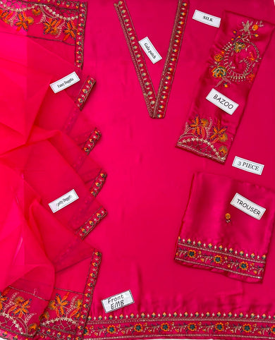 3-Pcs Charizma Unstitched Digital Print Silk Suit with Organza Dupatta