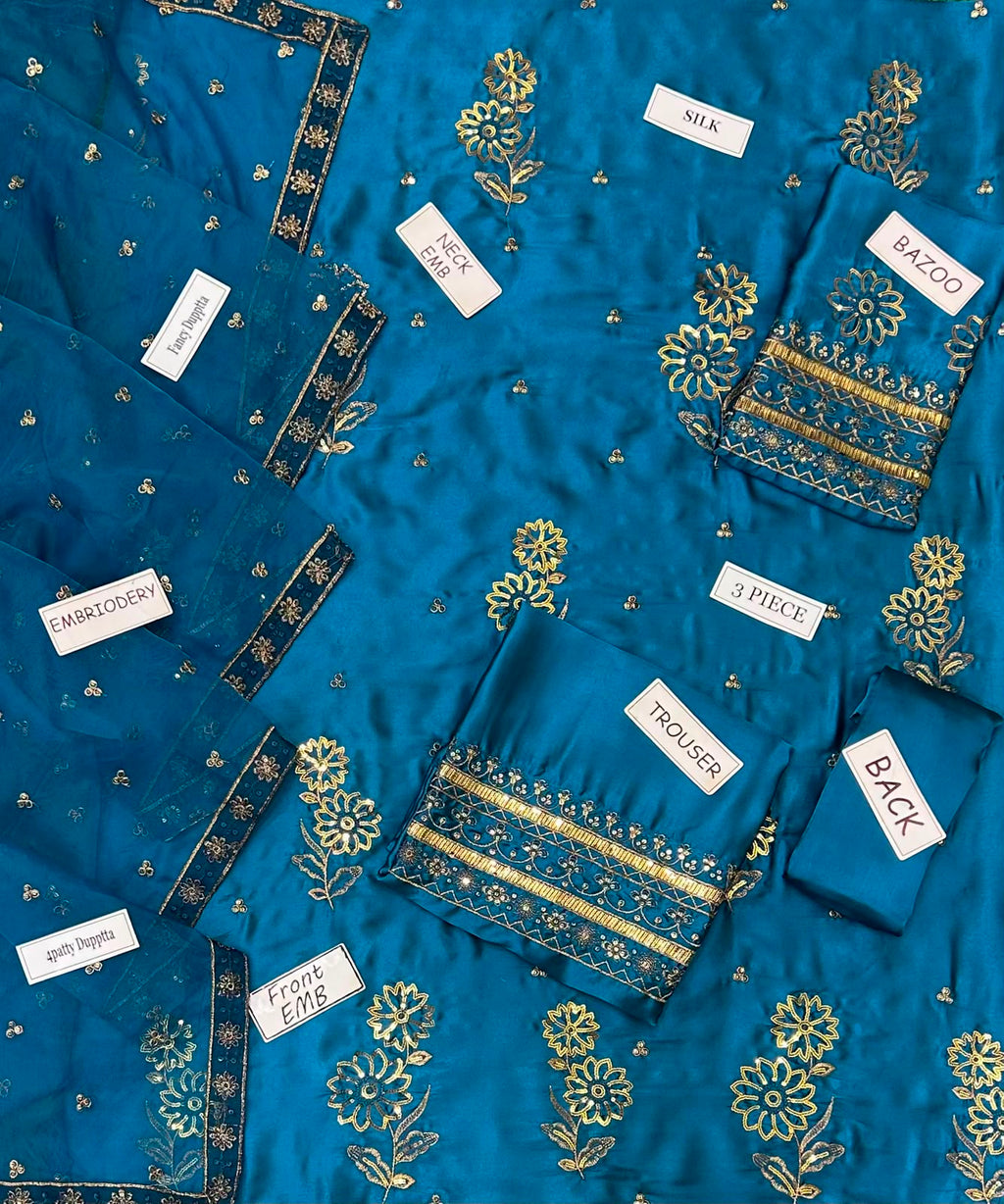 3-Pcs Laam Unstitched Embroidered Silk Suit & Organza Dupatta