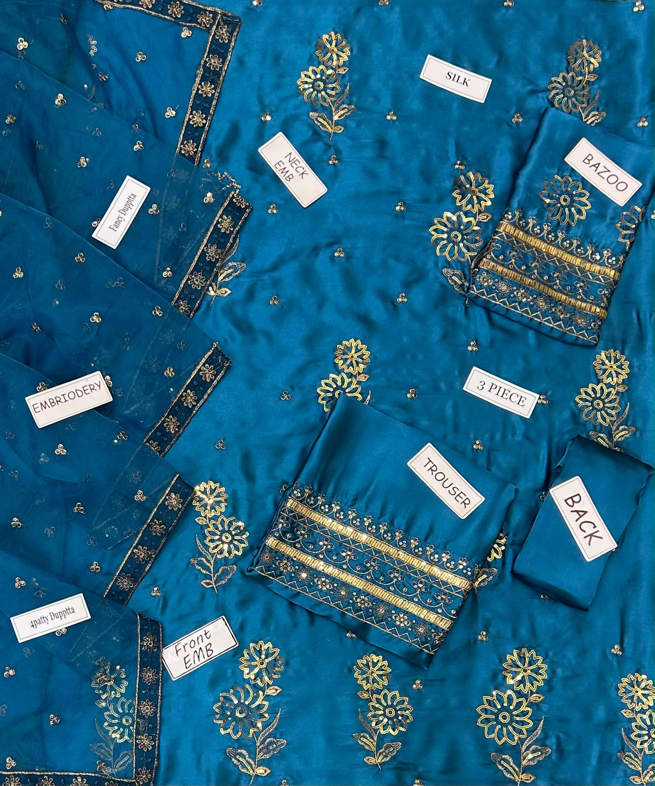 3-Pcs Laam Unstitched Embroidered Silk Suit & Organza Dupatta