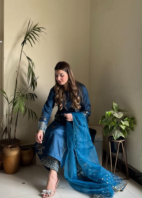 3-Pcs Laam Unstitched Embroidered Silk Suit & Organza Dupatta