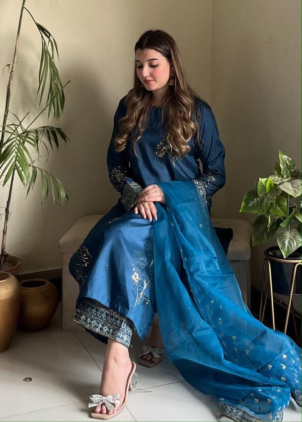 3-Pcs Laam Unstitched Embroidered Silk Suit & Organza Dupatta