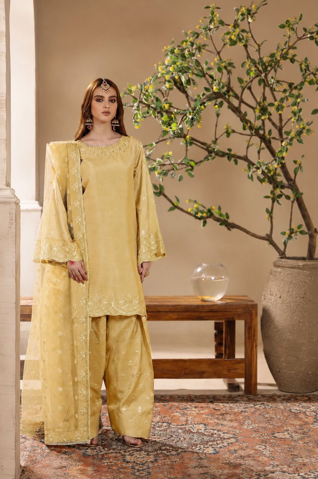 3-Pcs Pashmire Unstitched Sequin Embroidered Silk Suit with Organza Dupatta
