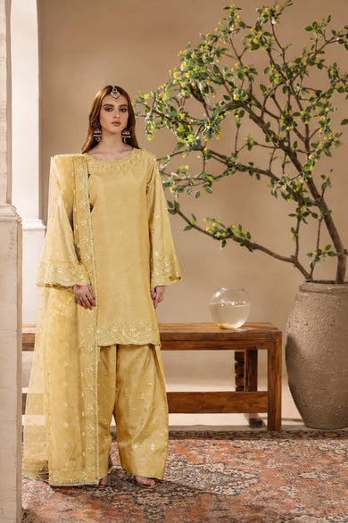 3-Pcs Pashmire Unstitched Sequin Embroidered Silk Suit with Organza Dupatta