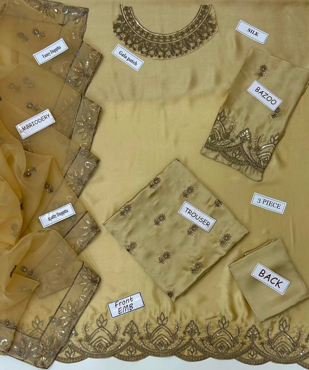 3-Pcs Pashmire Unstitched Sequin Embroidered Silk Suit with Organza Dupatta