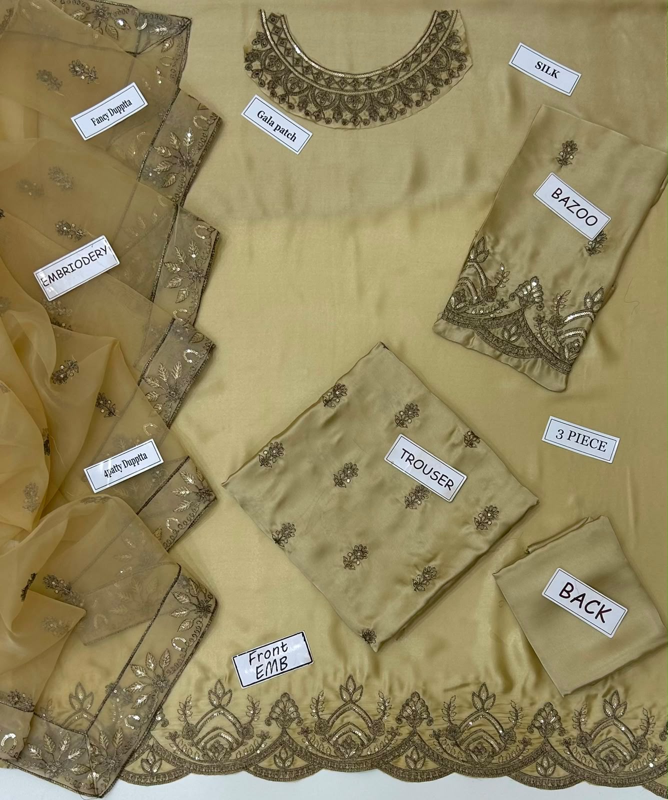 3-Pcs Pashmire Unstitched Sequin Embroidered Silk Suit with Organza Dupatta
