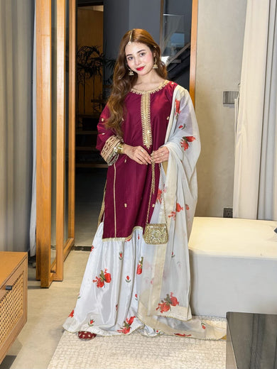 3-Pcs Zara Shahjahan Embroidered - Unstitched Digital Print Silk Suit