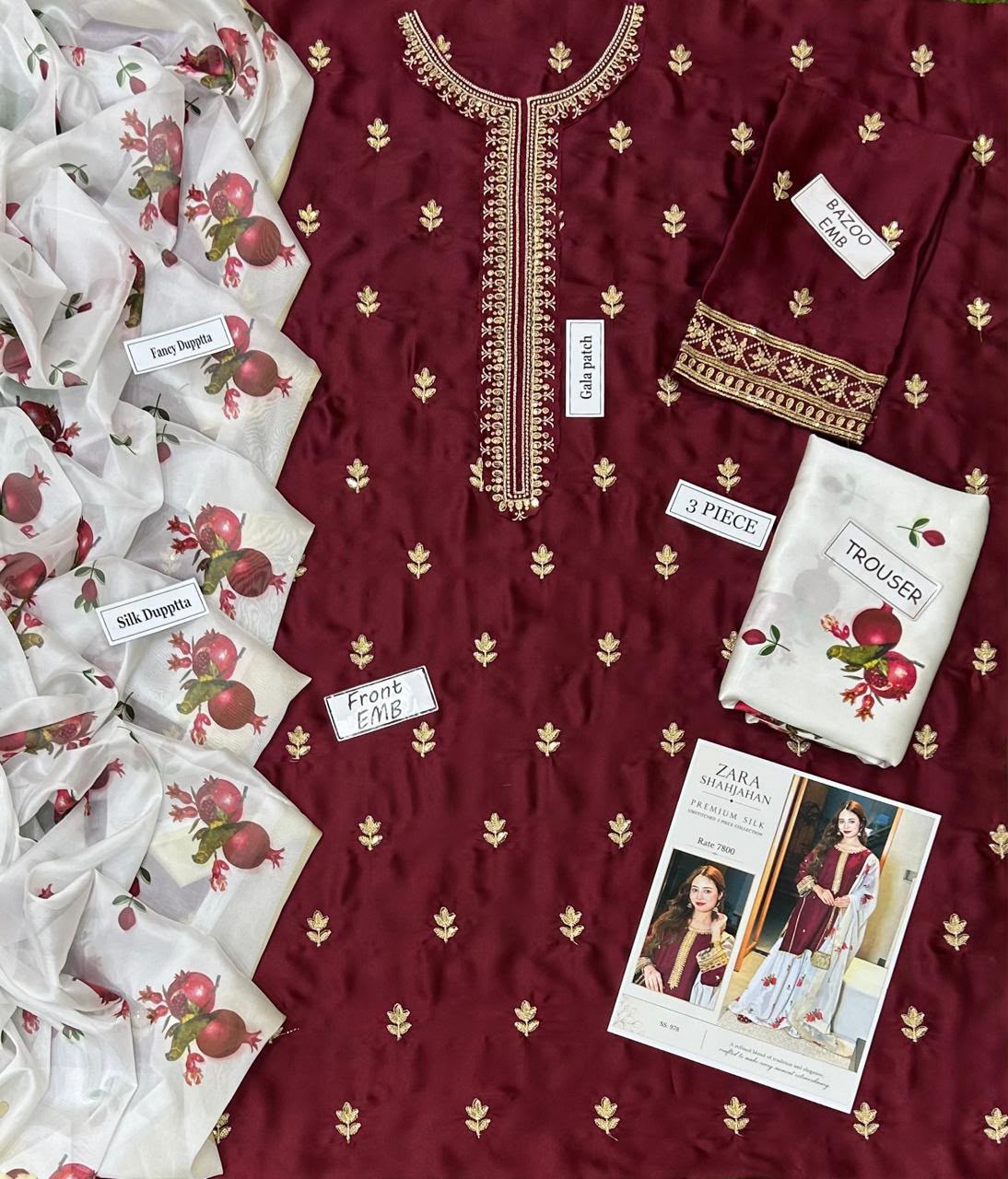 3-Pcs Zara Shahjahan Embroidered - Unstitched Digital Print Silk Suit