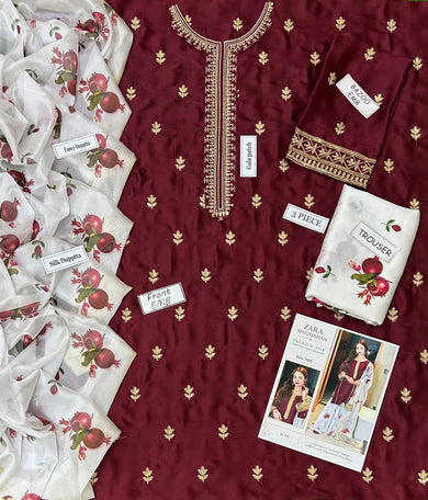 3-Pcs Zara Shahjahan Embroidered - Unstitched Digital Print Silk Suit