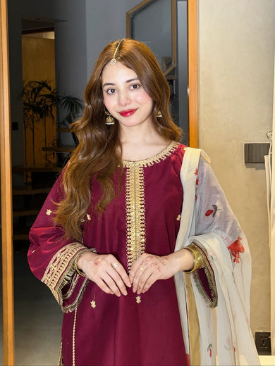 3-Pcs Zara Shahjahan Embroidered - Unstitched Digital Print Silk Suit