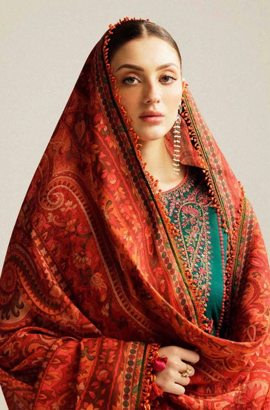 Hussain Rehar - 3PC Embroidered Dhank Suit with Digital Printed Shawl