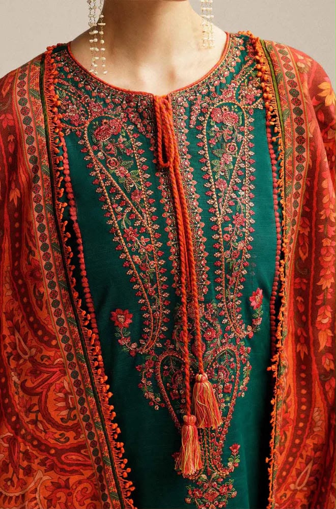 Hussain Rehar - 3PC Embroidered Dhank Suit with Digital Printed Shawl