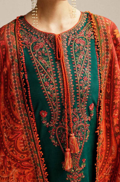 Hussain Rehar - 3PC Embroidered Dhank Suit with Digital Printed Shawl