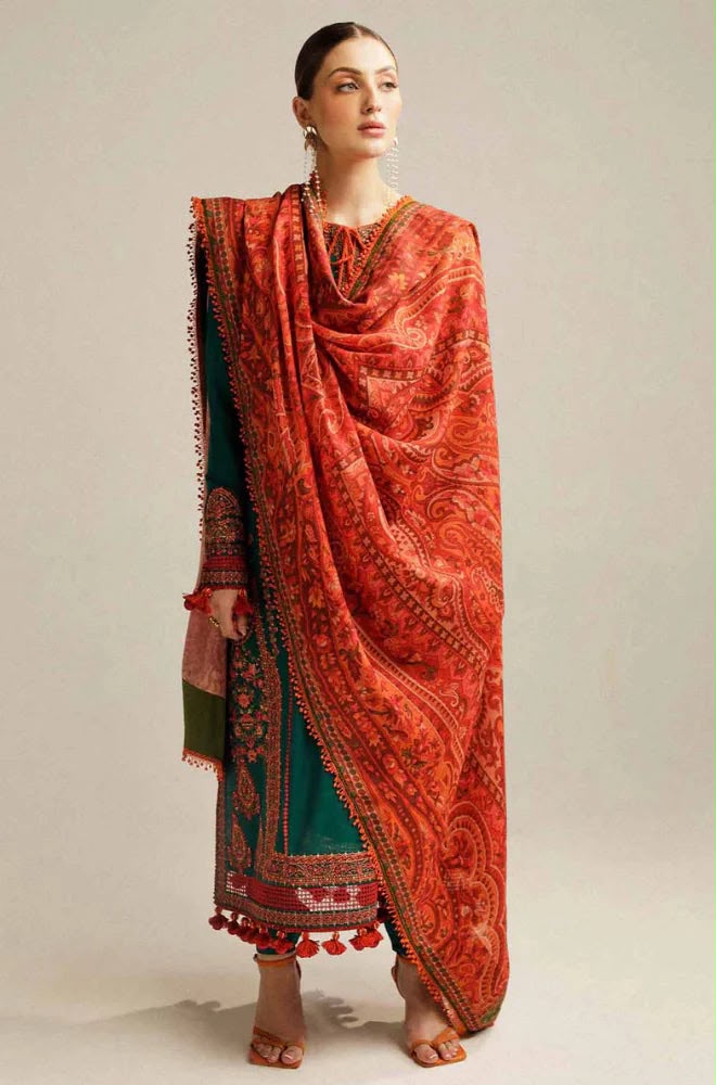 Hussain Rehar - 3PC Embroidered Dhank Suit with Digital Printed Shawl