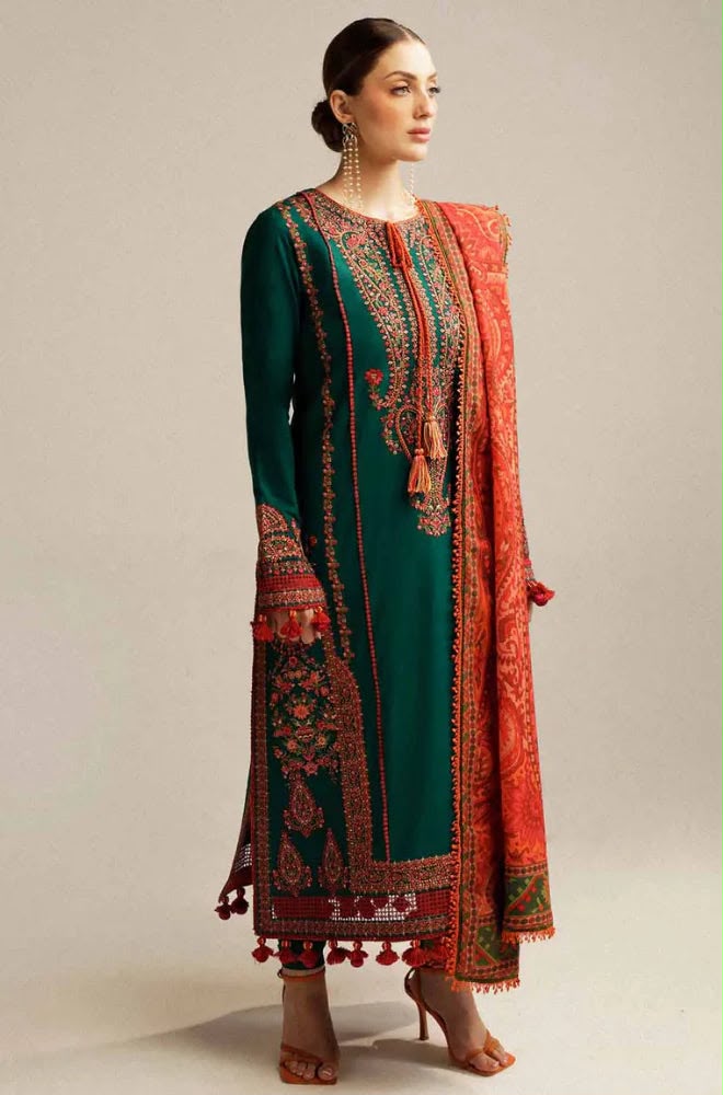 Hussain Rehar - 3PC Embroidered Dhank Suit with Digital Printed Shawl Main image