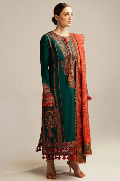 Hussain Rehar - 3PC Embroidered Dhank Suit with Digital Printed Shawl